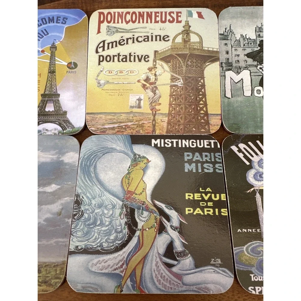 Vintage French Paris Art Deco Travel Poster Cork Coasters Set of 6‎ Eiffel Tower